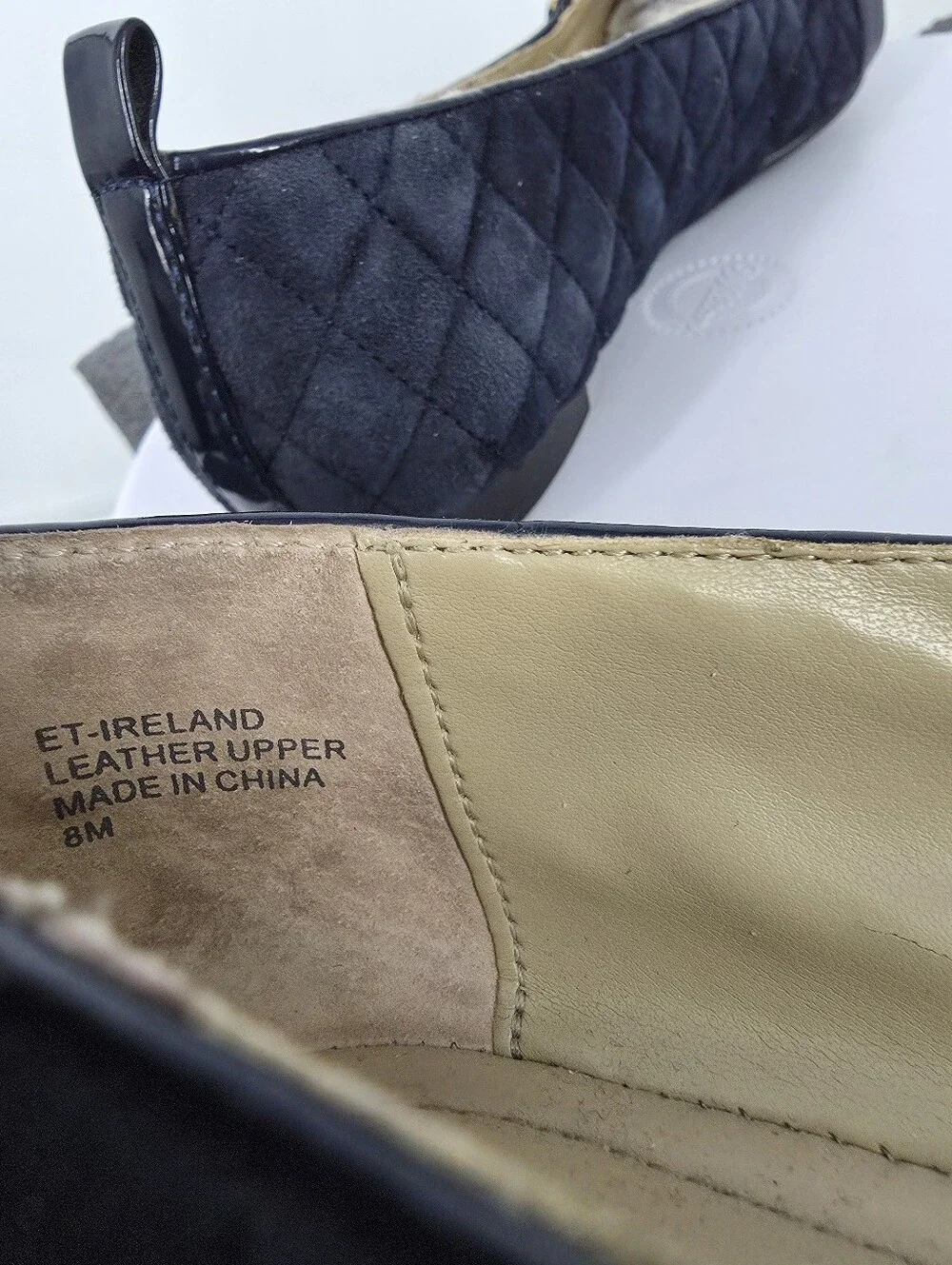 Ellen Tracy Ireland 8M Navy Blue Quilted Suede Patent Leather Buckle Flats Shoes